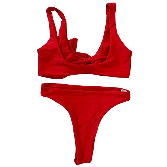 Tie-Front Cheeky Thong Bikini in Red - Picture 3 of 6